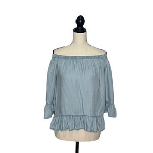 Anthropologie Shirt Womens X Small Strapless Blue Chambray Cropped Ruffle‎ New